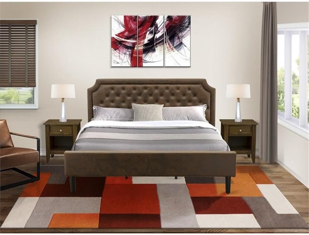 East West Furniture GB25K-2GA08 3-Piece Bedroom Set with Button Tufted King Size Bed and 2 Antique Walnut Mid Century Modern Nightstands - Dark Brown Faux Leather with Black Texture and Black Legs