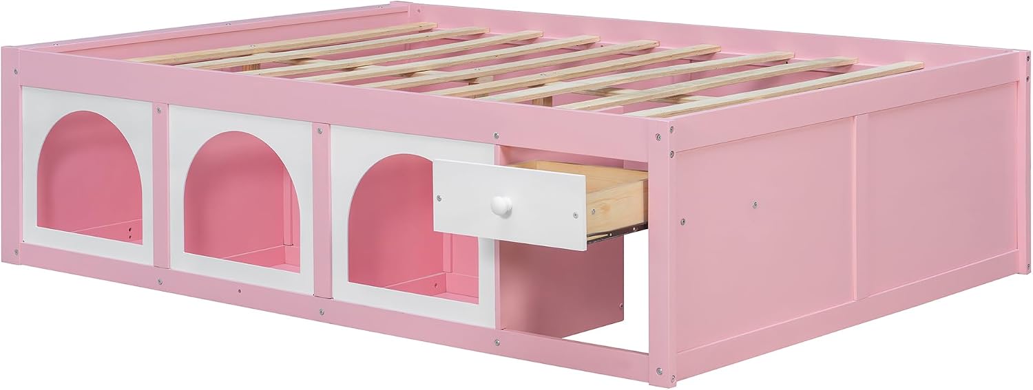 Bellemave Full Size Kids Bed with Display Cabinet, LED Light and Drawer, Wood Full Platform Bed with Bookshelf, BedFrames for Kids, Adults, Pink+White
