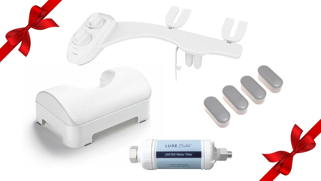 LUXE Bidet NEO 185 Plus White Bidet Attachment, Comfort Soft Footstool, Toilet Seat Bumpers, and Water Filter Gift Set