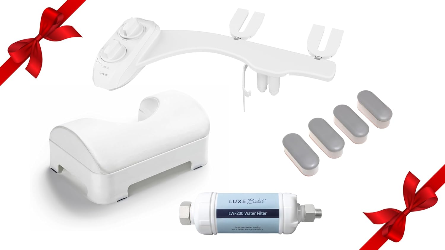 LUXE Bidet NEO 185 Plus White Bidet Attachment, Comfort Soft Footstool, Toilet Seat Bumpers, and Water Filter Gift Set