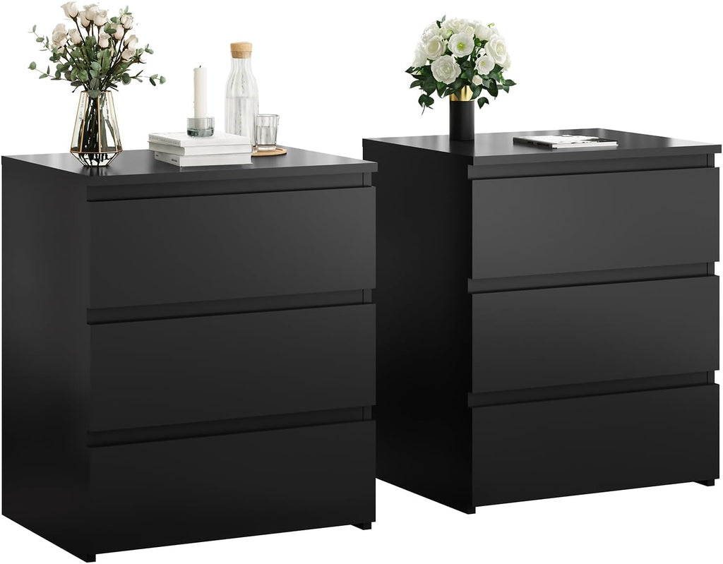 3 Drawer Nightstand & Side Storage Table, Minimalist Modern Black Bedside End Tables with Ample Storage, Versatile Wooden Chest of Drawers for Bedroom, Living Room, Offices (Set of 2)