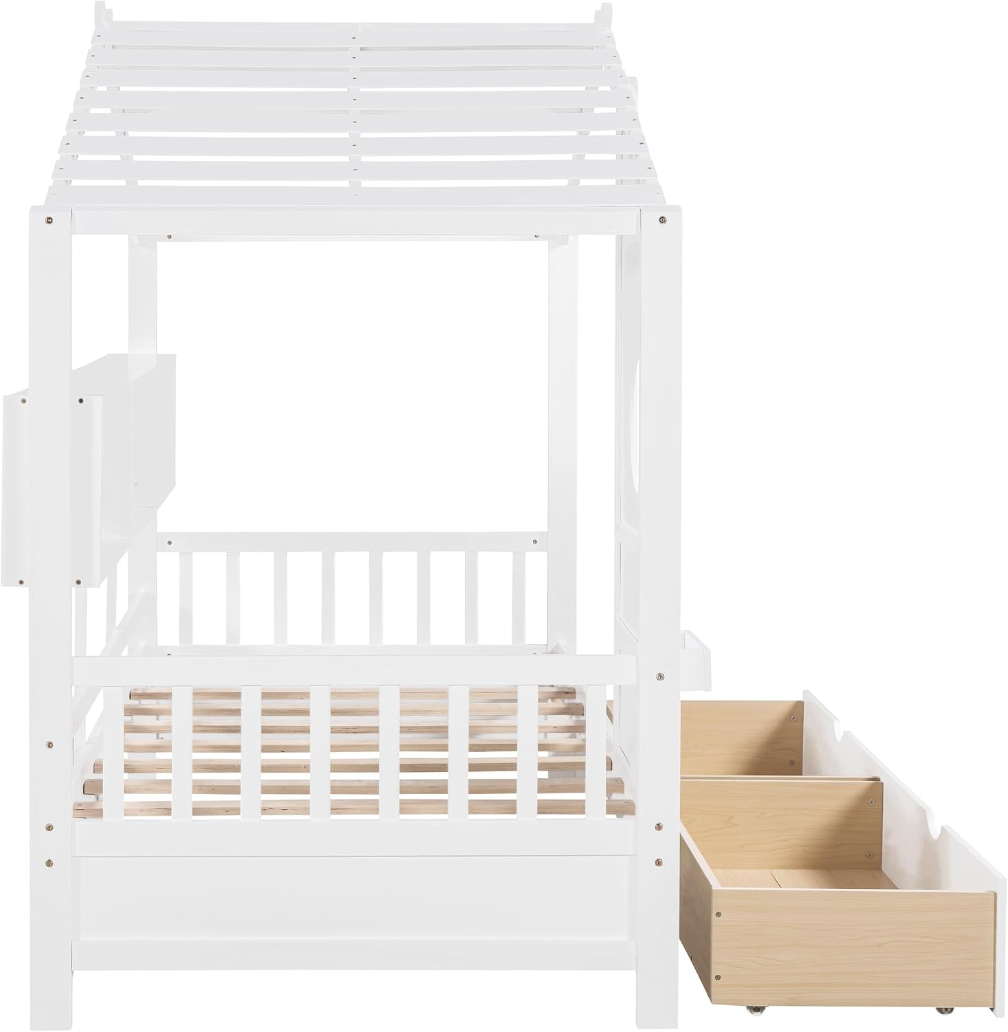 MERITLINE Twin Size Kids House Bed with 2 Drawers and Storage Shelf, Wooden Kids Montessori Bed Frame (White)