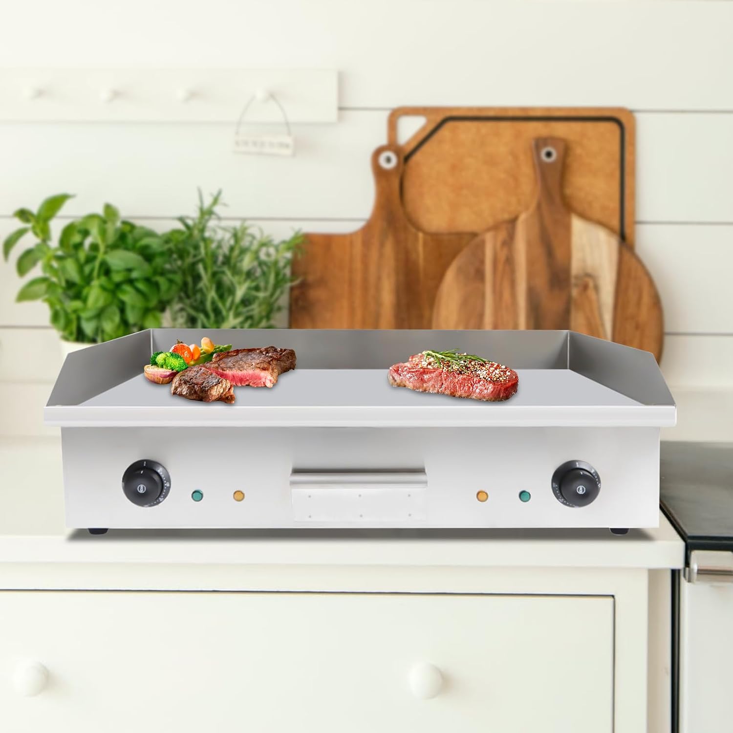 110V 3000W Electric Griddle Cooktop Temperature Adjustable 50-300℃, Thermostatic Double Control Commercial Flat Top Grill, BBQ Plate Grill for Home Kitchen Restaurant L28.62in xW15.75in xH8.85in