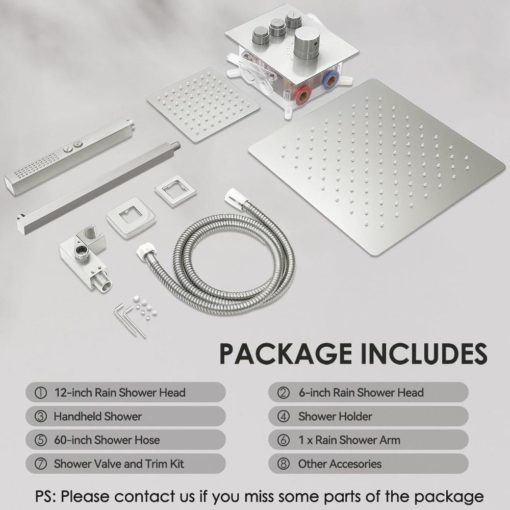 Thermostatic Shower System Brushed Nickel, STARBATH Shower Faucets Sets 12+ 6' Wall Mount Rain Shower and 2 in 1 Handhled, Can Use All at Once, Push Button 3 Modes Valve Complete Shower Set