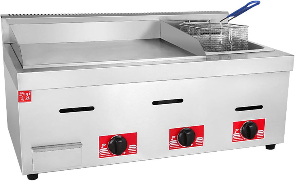 Outdoor Flat-top Gas Frying Pan Griddle Fryer, Restaurant Professional Grade Stainless Steel Propane Grill, Multi-function Commercial Kitchen Gas Grill, French Fries Fryer with Basket
