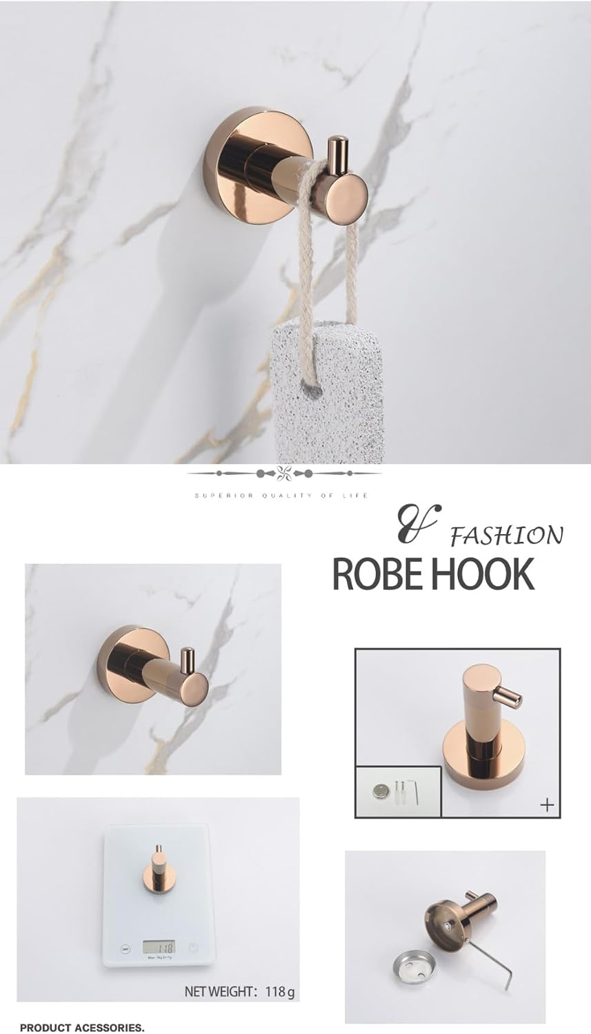 Rose Gold Bathroom Accessories Double Towel Bar Towel Ring Clothes Hook Bathroom Hardware Set,4 Pieces Set