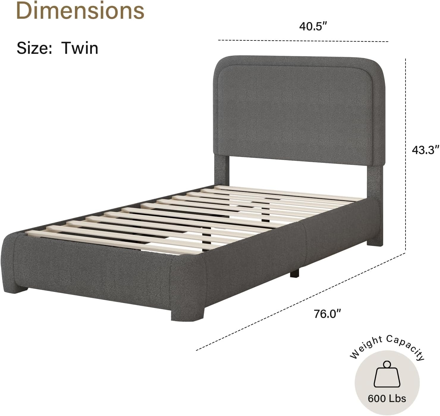BarnFurin Twin Size Bed Frame, Boucle Upholstered Platform Bed Frame, Soft Rounded Corners, No Box Spring Required, Easy Assembly, Grey