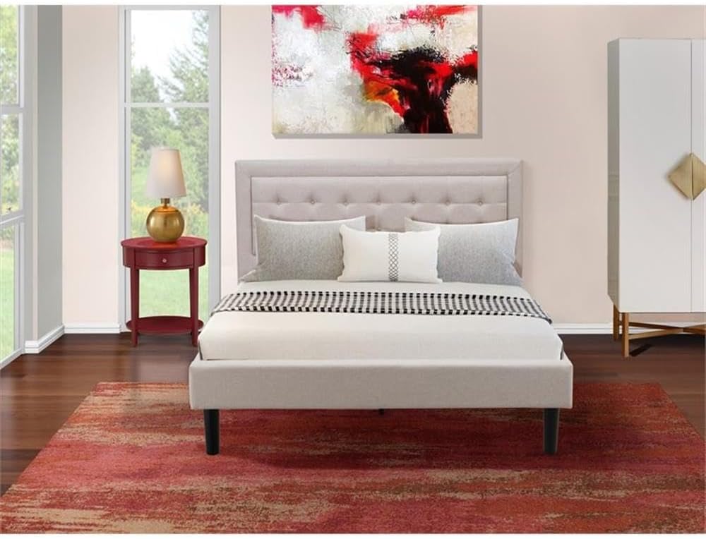 East West Furniture FN08Q-1HI13 2-Piece Fannin Queen Bed Set Furniture with 1 Queen Bedframe and an End Table for Bedroom - Reliable and Durable Manufacturing - Mist Beige Linen Fabric