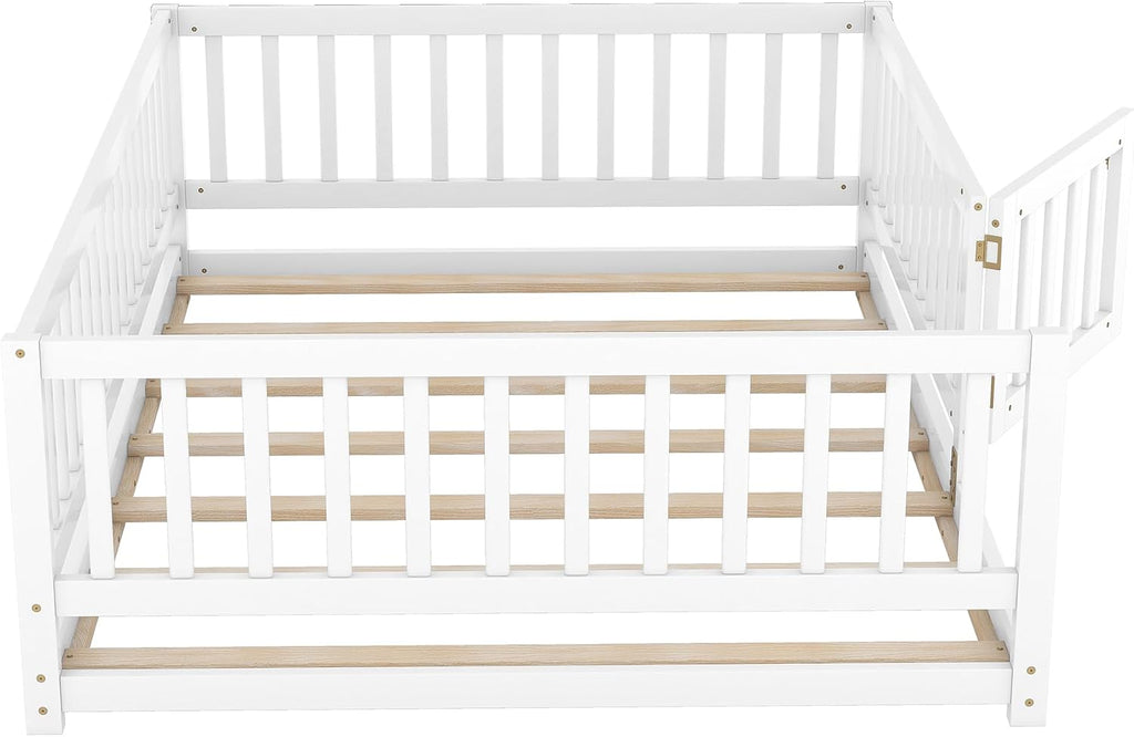 Platform Bed with Fence and Doors,Wood Floor Bed Frame for Bedroom,No Box Spring Needed (White, Full)