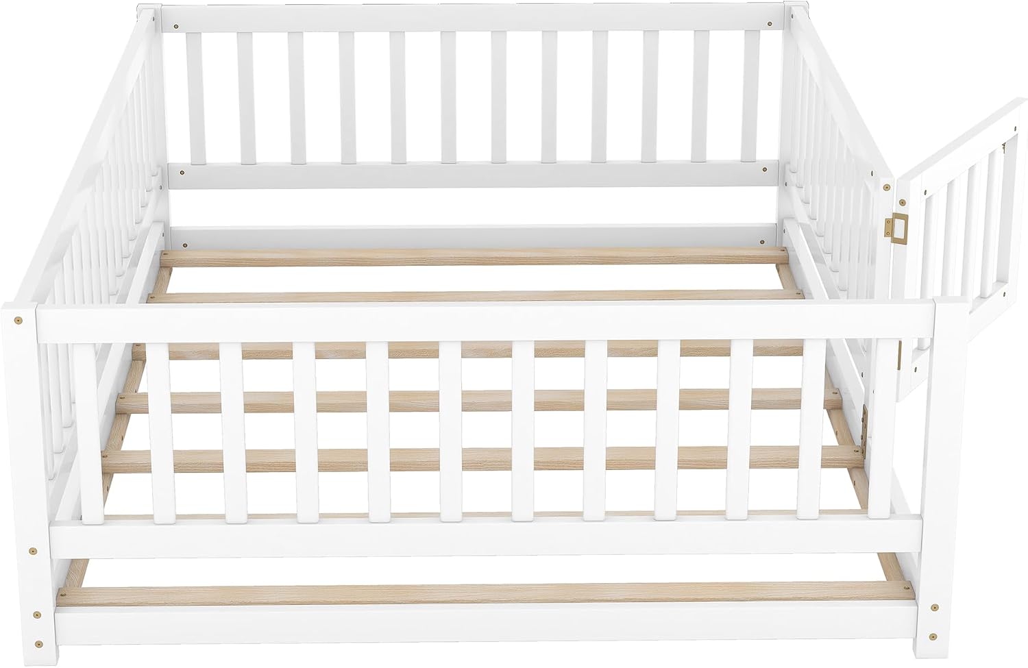 Platform Bed with Fence and Doors,Wood Floor Bed Frame for Bedroom,No Box Spring Needed (White, Full)
