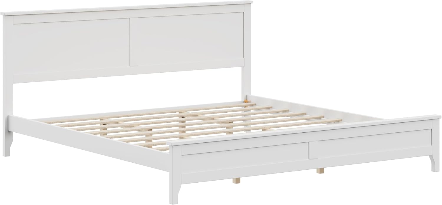 King Size Wood Bed Frame and Headboard, Modern Retro White Platform Beds Frames, Sturdy and Durable Design Rustic Wooden Bedroom Set, Easy Assembly, No Box Spring Needed (White, King)