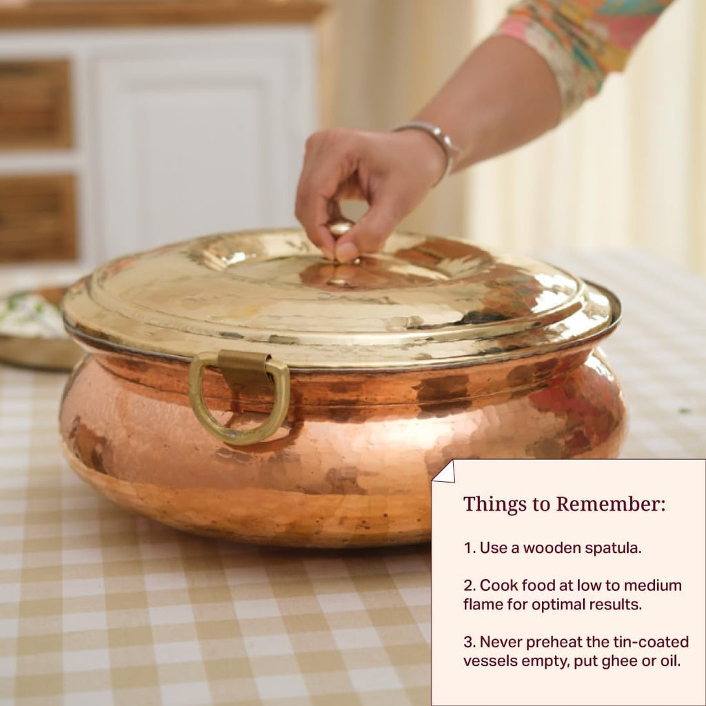 P•TAL Copper Hammered Lagaan 10L | Tin Coated with Brass Lid | 100% Pure Copper Degchi for Cooking Biryani Handi Ptal Brass Utensils for Kitchen