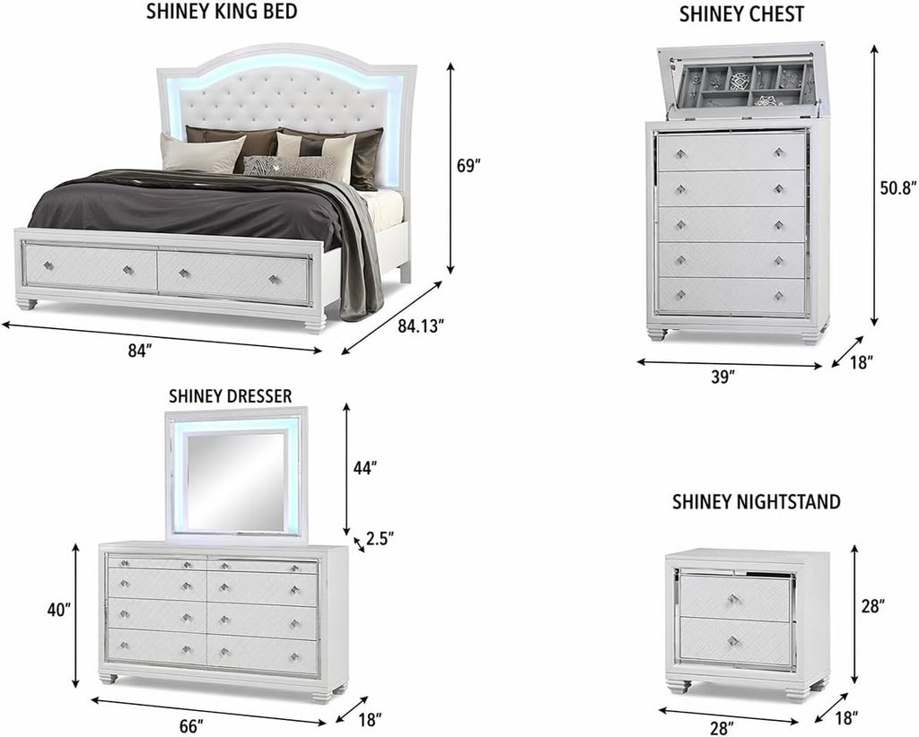 First of a Kind Shiney Contemporary 5 Piece King Bedroom Set High Gloss White Finish with Upholstered Headboard, Sleek Modern Bedroom Furniture Set for Coordinated Interiors