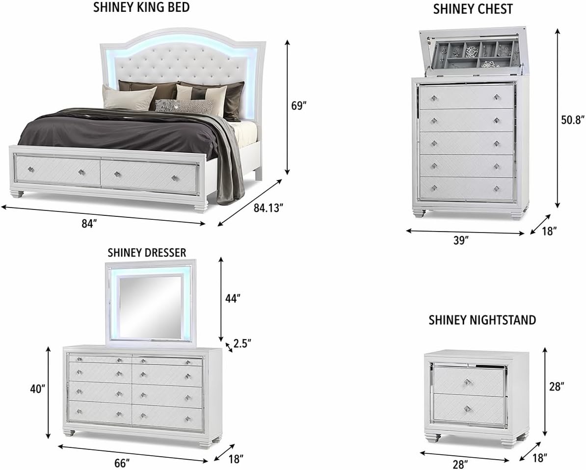 First of a Kind Shiney Contemporary 5 Piece King Bedroom Set High Gloss White Finish with Upholstered Headboard, Sleek Modern Bedroom Furniture Set for Coordinated Interiors
