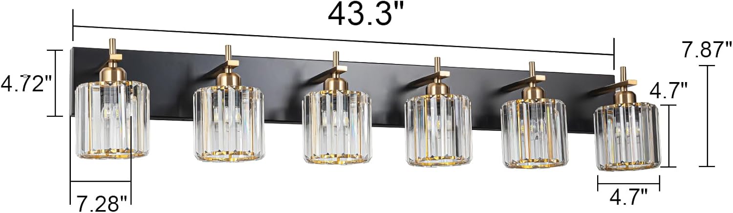 6-Light Crystal Bathroom Vanity Light, Modern Black Gold Bathroom Light Fixtures Over Mirror Crystal Wall Lighting with Polished Gold Finish