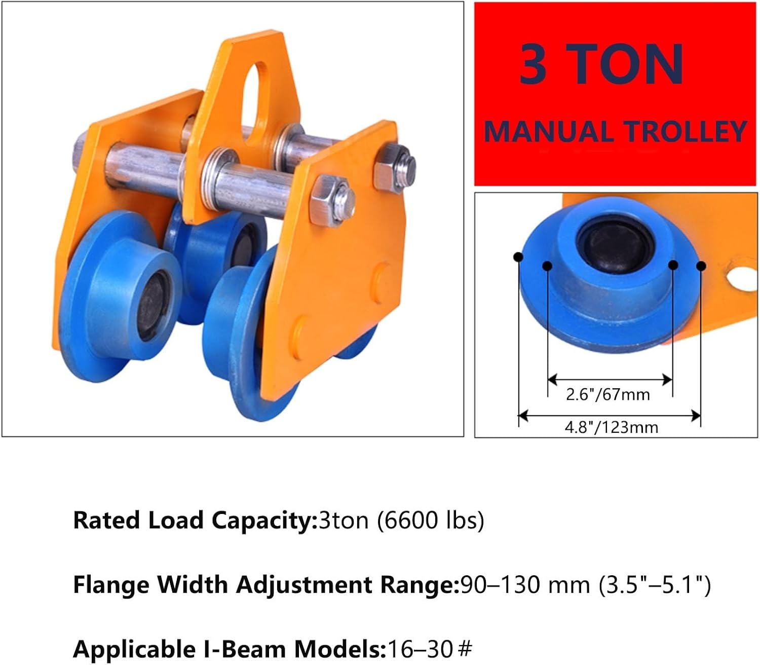 Push Beam Hand Truck, Steel Manual Hand Truck,1-3 Ton Capacity (2200-6600 Lbs), Adjustable Flange Width 2.7' To 5.1',Suitable For Straight And Curved I-Beams(3ton/6600lbs)