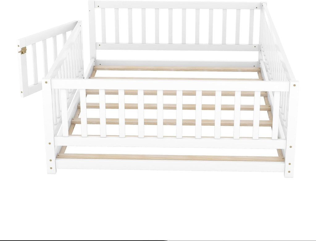 Platform Bed with Fence and Doors,Wood Floor Bed Frame for Bedroom,No Box Spring Needed (White, Full)