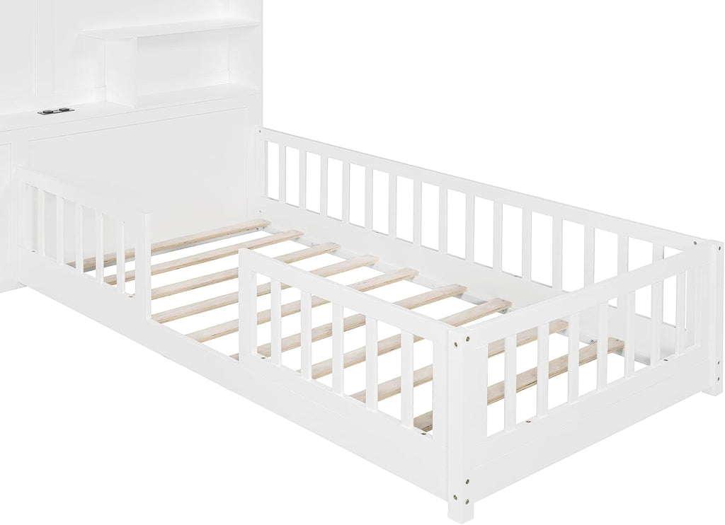 VilroCaz Twin Size Kids Floor Bed with Safety Fence, Solid Wood Montessori Platform Bed with House Shape Headboard with Bedside Drawers, Shelves, Sockets and USB Port for Kids Boys Girls (White-LT1)
