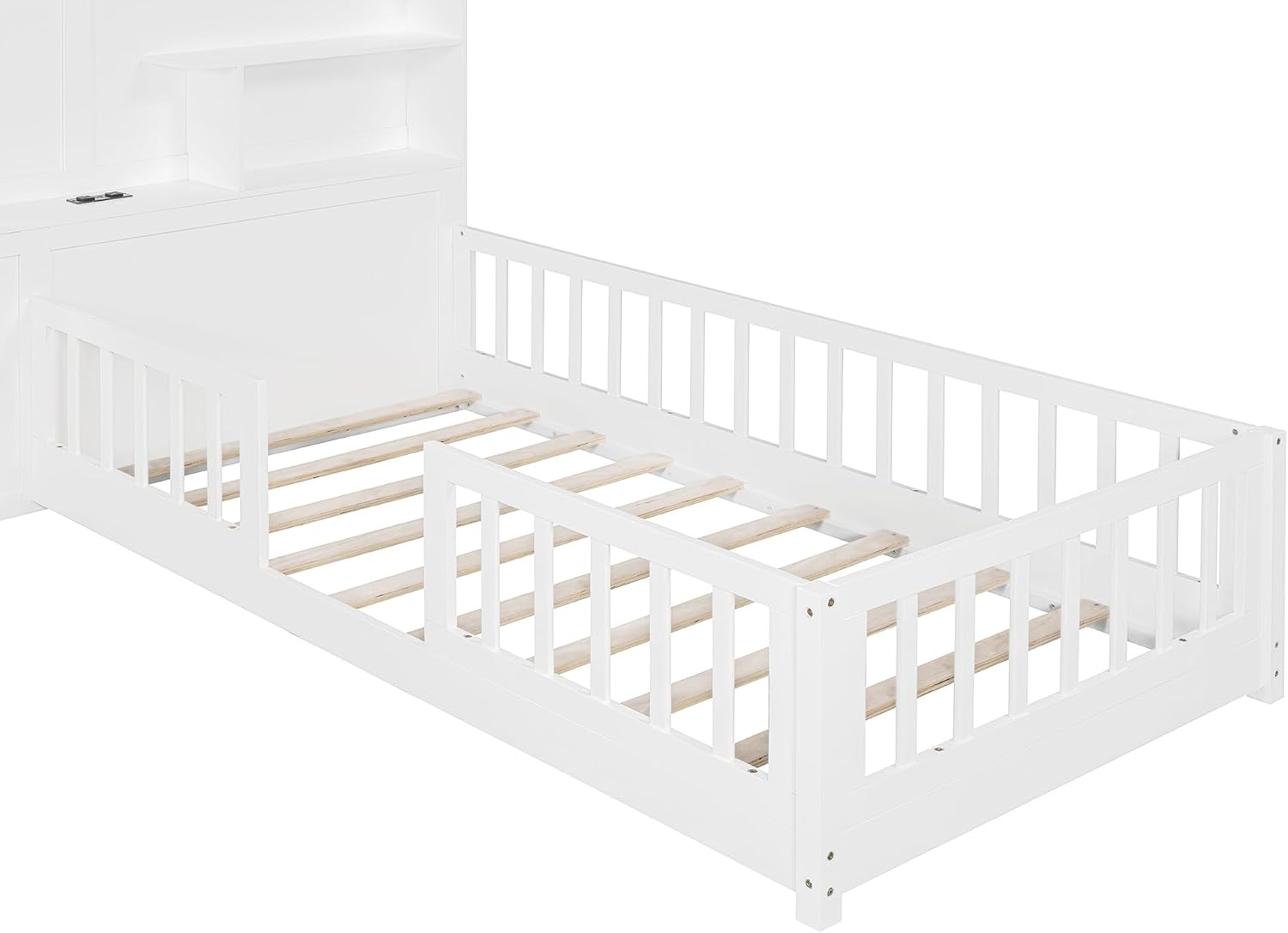VilroCaz Twin Size Kids Floor Bed with Safety Fence, Solid Wood Montessori Platform Bed with House Shape Headboard with Bedside Drawers, Shelves, Sockets and USB Port for Kids Boys Girls (White-LT1)