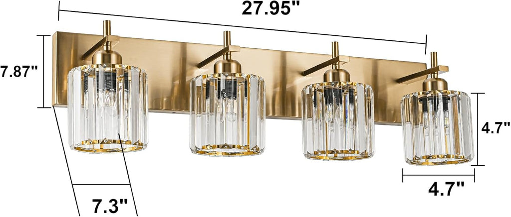 Modern Crystal Bathroom Vanity Lights, Gold 4-Lights Bathroom Light Fixtures Over Mirror, Crystal Wall Lighting with Polished Gold Finish