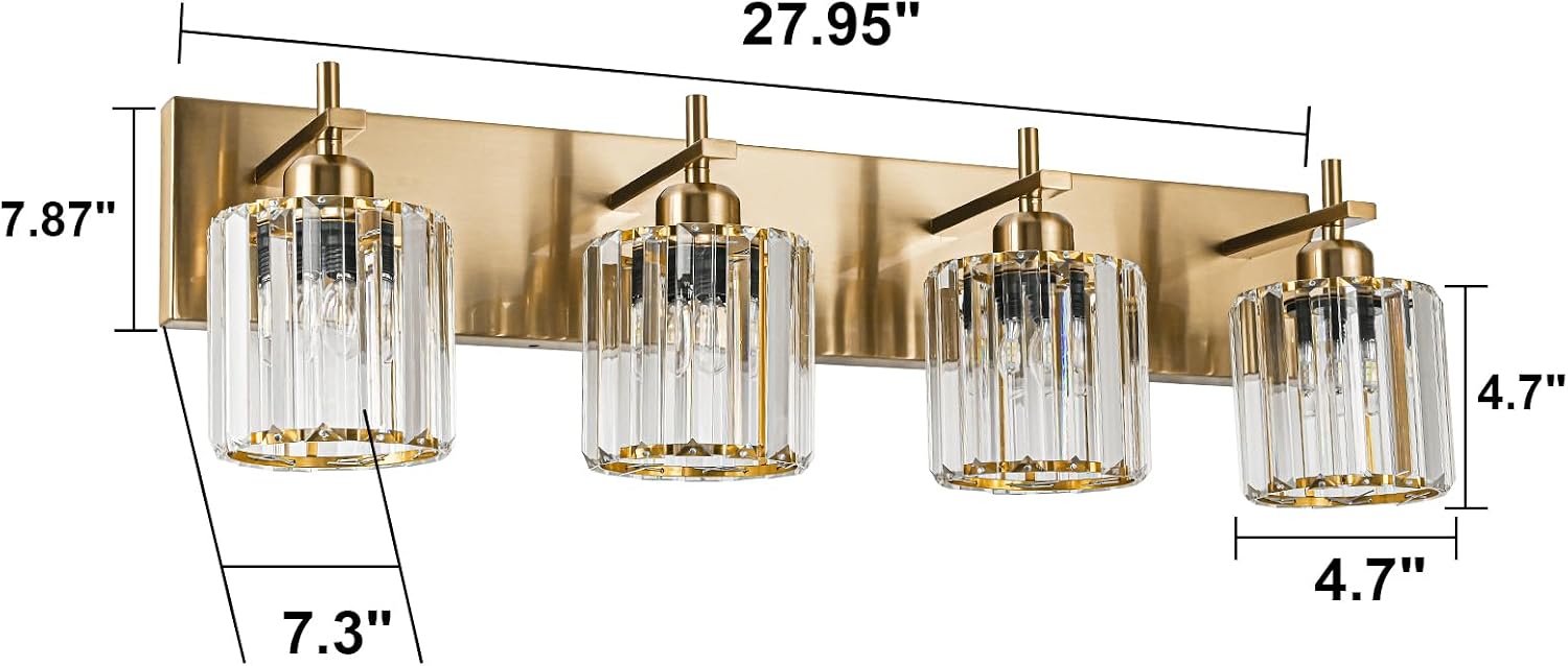 Modern Crystal Bathroom Vanity Lights, Gold 4-Lights Bathroom Light Fixtures Over Mirror, Crystal Wall Lighting with Polished Gold Finish