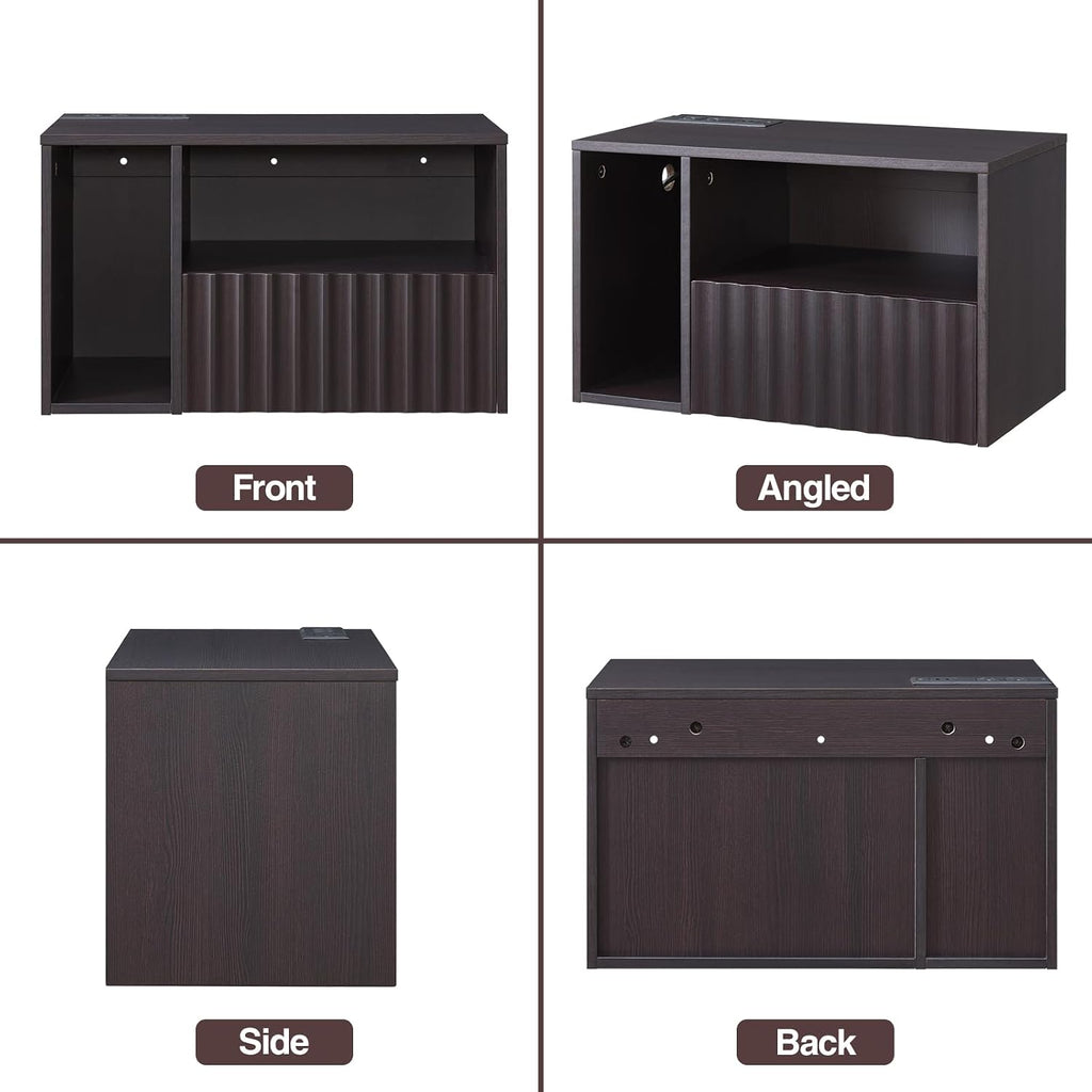 BuildHom Modern Espresso Fluted Floating Nightstand with Charging Station, NightStand with Drawers, Bedside with USB Ports and Outlets, Bedroom Furniture (Set of 2)