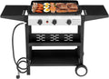 3-Burner Flat Top Gas Griddle Cooking Station with Ceramic Coated Cast Iron Pan, 30,000 BTU Propane Fuelled Griddle Station with Side Shelves & Spice Rack for Outdoor Barbecue Backyard Cookout