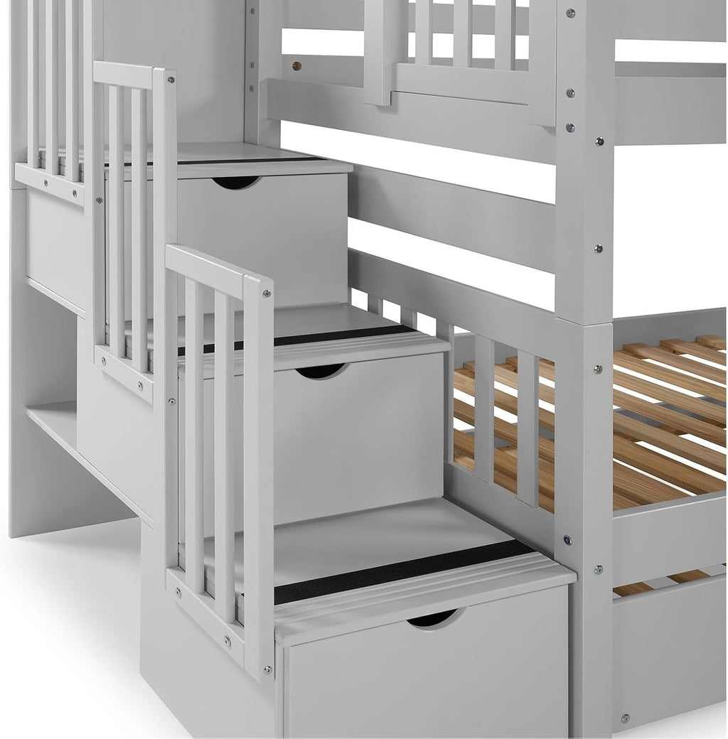 Bedz King Stairway Bunk Beds Twin Over Twin with 3 Drawers in the Steps and 2 Under Bed Drawers, Grey
