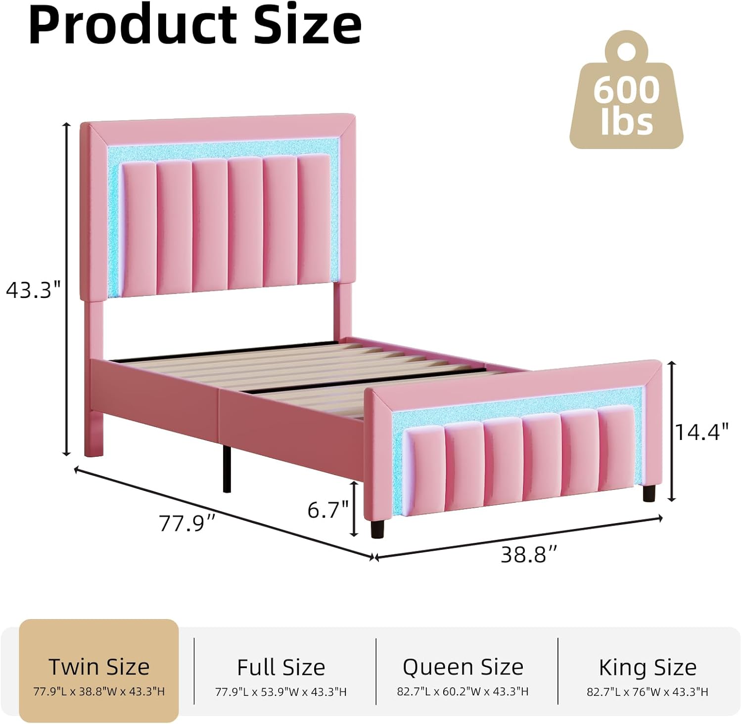 HOMBCK Twin Bed Frames for Kids, Twin Size Bed Frame with LED Lights and Velvet Upholstered Adjustable Headboard, Princess Diamond Design, Wooden Slats Support, Noise Free, No Box Spring Needed, Pink