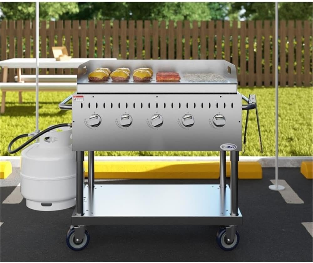 Pemberly Row 36-Inch Stainless Steel Commercial Gas Grill with Griddle, 5-Burner Propane BBQ, 688 Sq. In. Cooking Area, Durable Carbon Steel Griddle Plate, Mobile Design for Outdoor Cooking