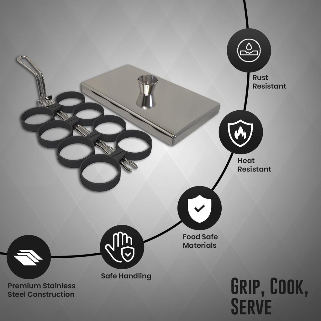 Rattleware Stainless Steel Egg Rings Commercial-Grade Egg Fryer Ring for Frying Eggs – Durable Metal Round Rings with Heat-Resistant Handle – Breakfast Kitchen Gadgets and Egg Cooker (8 Ring Set)