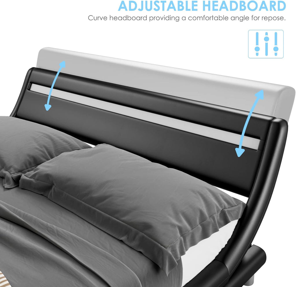 Keyluv Upholstered Queen LED Bed Frame with Headboard, Modern Low Profile Platform Bed with Strong Slats Support, Faux Leather Wave-Like Bed Frame, Easy Assembly, No Box Spring Needed, Black