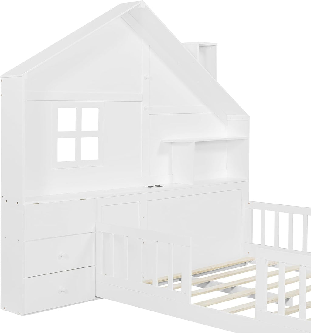 VilroCaz Full Size Kids Floor Bed with Safety Fence, Solid Wood Montessori Platform Bed with House Shape Headboard with Bedside Drawers, Shelves, Sockets and USB Port for Kids Boys Girls (White-LF)
