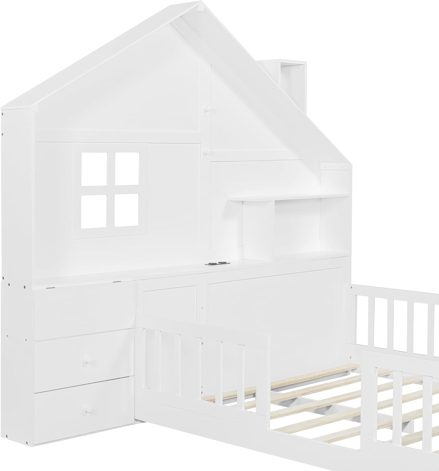 VilroCaz Full Size Kids Floor Bed with Safety Fence, Solid Wood Montessori Platform Bed with House Shape Headboard with Bedside Drawers, Shelves, Sockets and USB Port for Kids Boys Girls (White-LF)