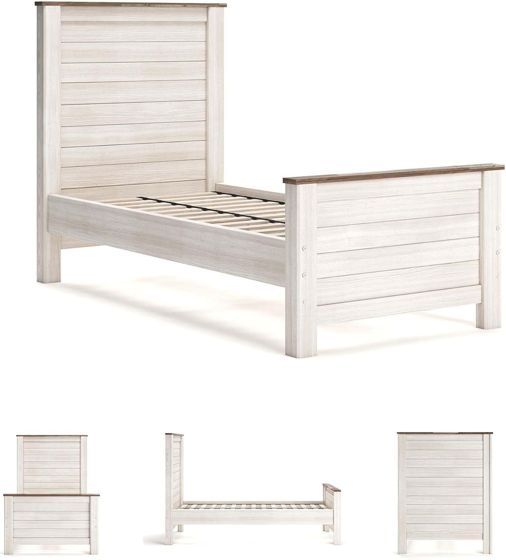 Signature Design by Ashley Willowton Casual Twin Panel Bed with Metal Slats, Foundation or Box Spring Needed, Whitewash