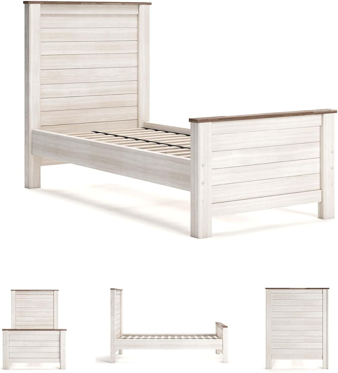 Signature Design by Ashley Willowton Casual Twin Panel Bed with Metal Slats, Foundation or Box Spring Needed, Whitewash