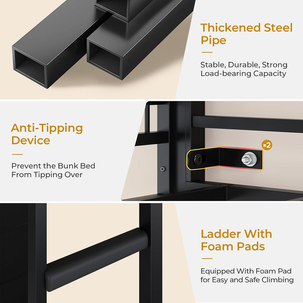ADORNEVE Bunk Bed Twin Over Twin Size with 8 Storage Drawers, Twin Bunk Beds with Led Lights & Storage Shelves, Metal Loft Bed with 13.4' H Safety Guardrail & Ladder, for Kids & Teens, Black