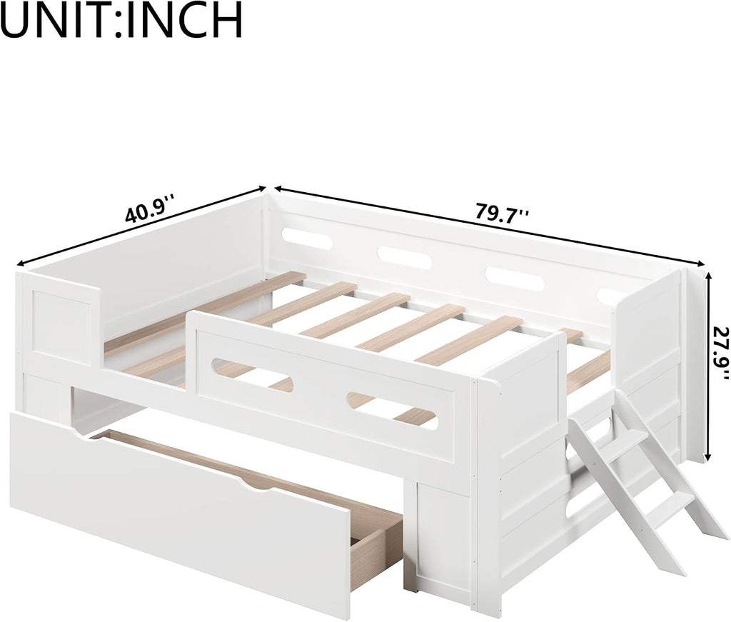 VilroCaz Modern Twin Size Platform Bed with Guardrail and Large Drawer, Wood Kids Platform Bed Frame with Two-Step Ladder for Boys Girls, Sturdy Slats Support (White-1.12T)