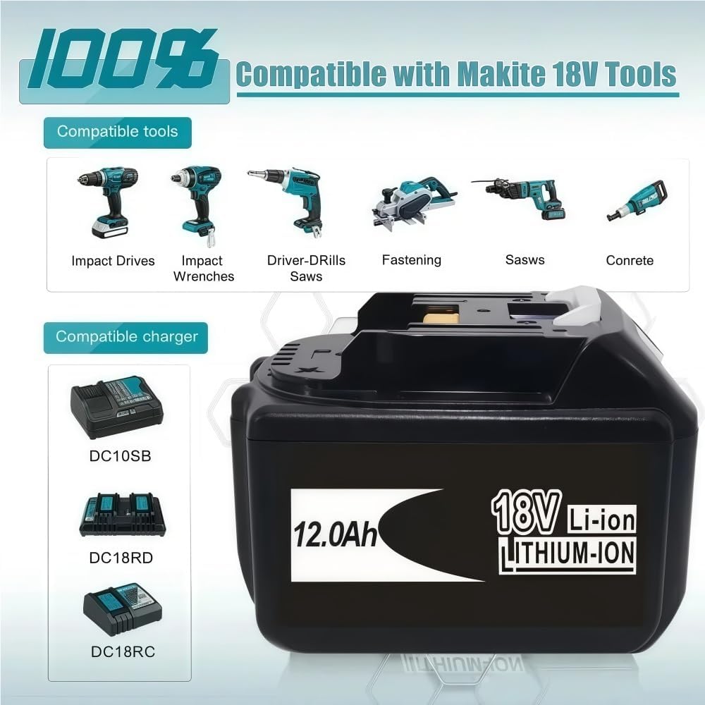 18V Li-ion Battery Compatible with LXT BL1860B BL1850B Replacement for BL1830B BL1840B LXT400 Cordless Circular Saw Angle Grinder & Blower High Capacity(1PCS-12.0Ah)