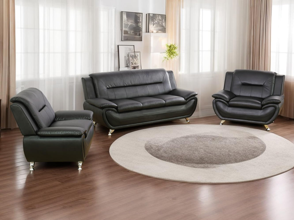 Contemporary Living Room Furniture Set, Faux Leather Sofa Set for Living Room/House/Bedroom/Office/Apartment (Black-B, Full Set(3PCS)), F45&F46