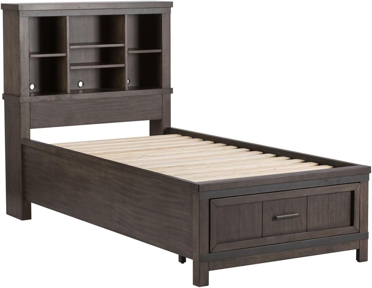 Liberty Furniture Thornwood Hills Full Bookcase Bed, Dresser & Mirror Rustic Youth Bedroom Set - Rock Beaten Brown with Saw Cuts