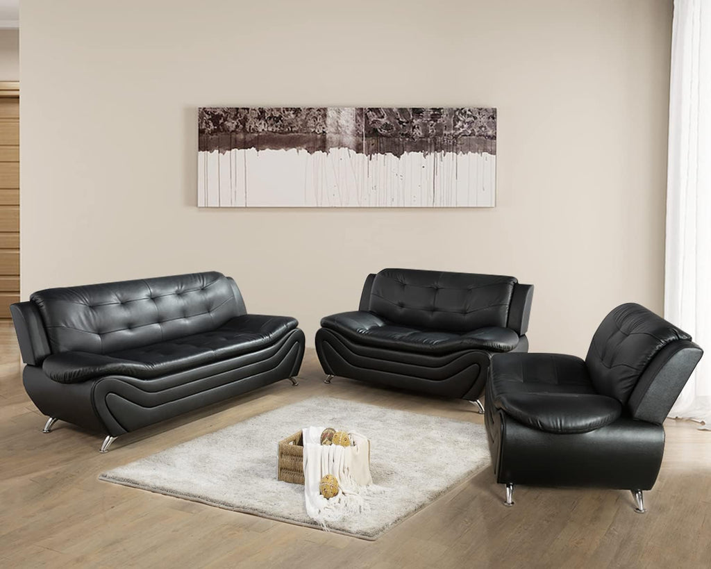 Contemporary Living Room Furniture Set, Faux Leather Sofa Set for Living Room/House/Bedroom/Office/Apartment (Black-A, Full Set(3PCS)), F45&F46