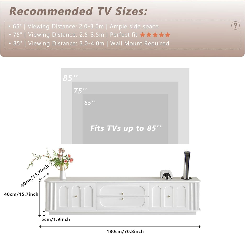 White Tv Stand for Living Room, 70in Media Console with Storage & 3 Drawers & 2 Open Shelves with Sliding Doors, Modern Entertainment Center with Cable Management for Bedroom
