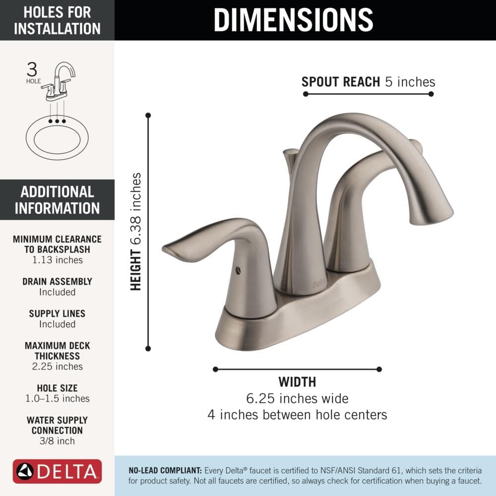 Delta Lahara Centerset Brushed Nickel Bathroom Faucet, 4 Inch 3 Hole Bathroom Sink Faucet for Vanity, Metal Push-Pop Drain Assembly, Stainless 2538-SSMPU-DST