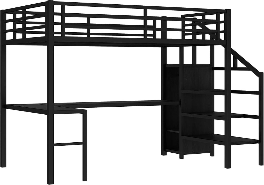Full Size Metal Loft Bed with Desk and Wardrobe,Heavy Duty Loft Bed Frame with Storage Stairs,LED Lights and Charging Station for Kids,Teens,Adults,Space Saving,Full Size,Black