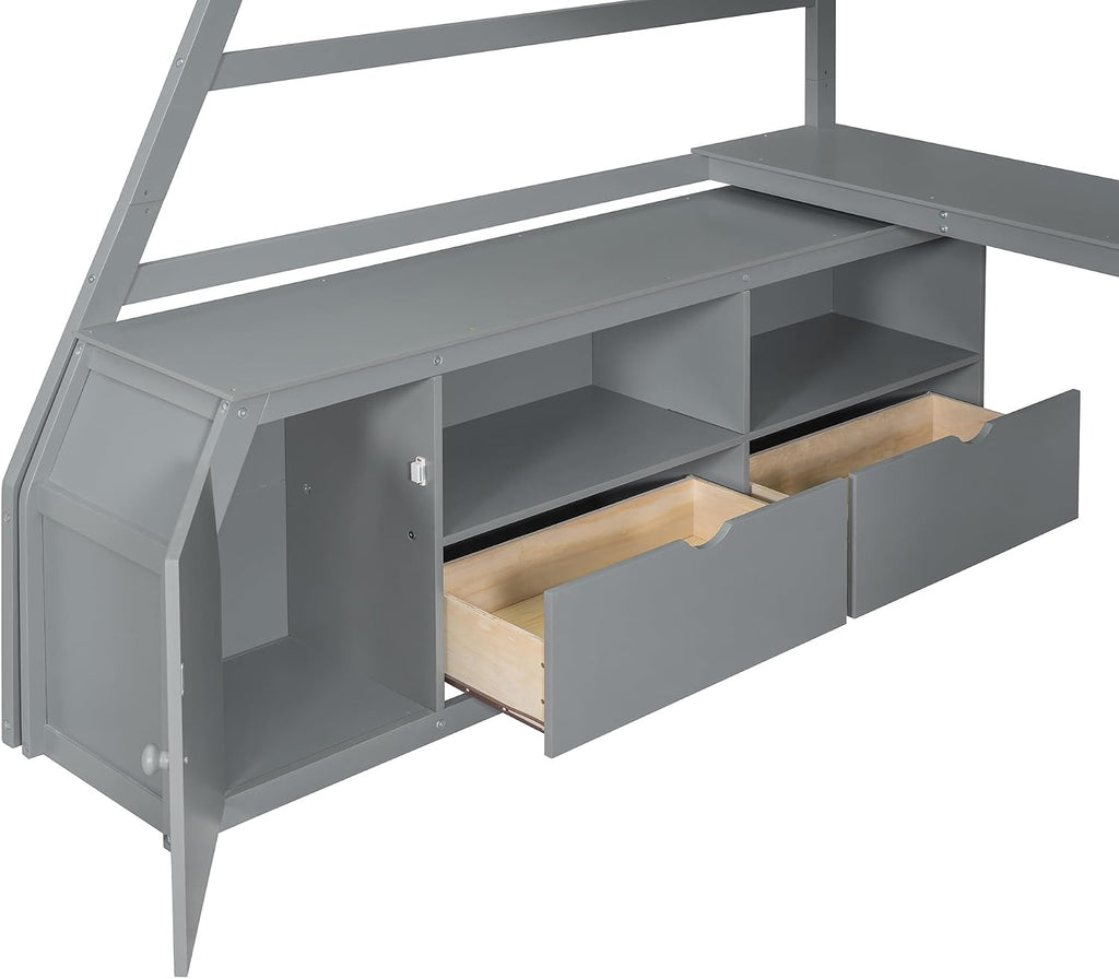 Bellemave Full Loft Bed with Desk & Storage Stairs Wood Loft Beds with Cabinet and 7 Drawers and 2 Shelves High Loft Bed Frame with Step for Kids, Juniors, Teen, Boys, Girls, Grey