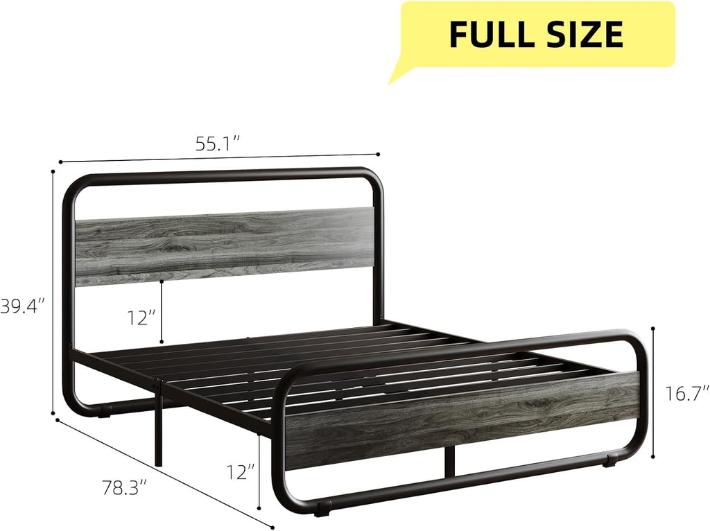 Catrimown Full Size Bed Frame with LED Lights, Heavy Duty Metal Rustic Platform Bed Frame Full Size with Wood Headboard, Noise Free, No Box Spring Needed,Wash Gray