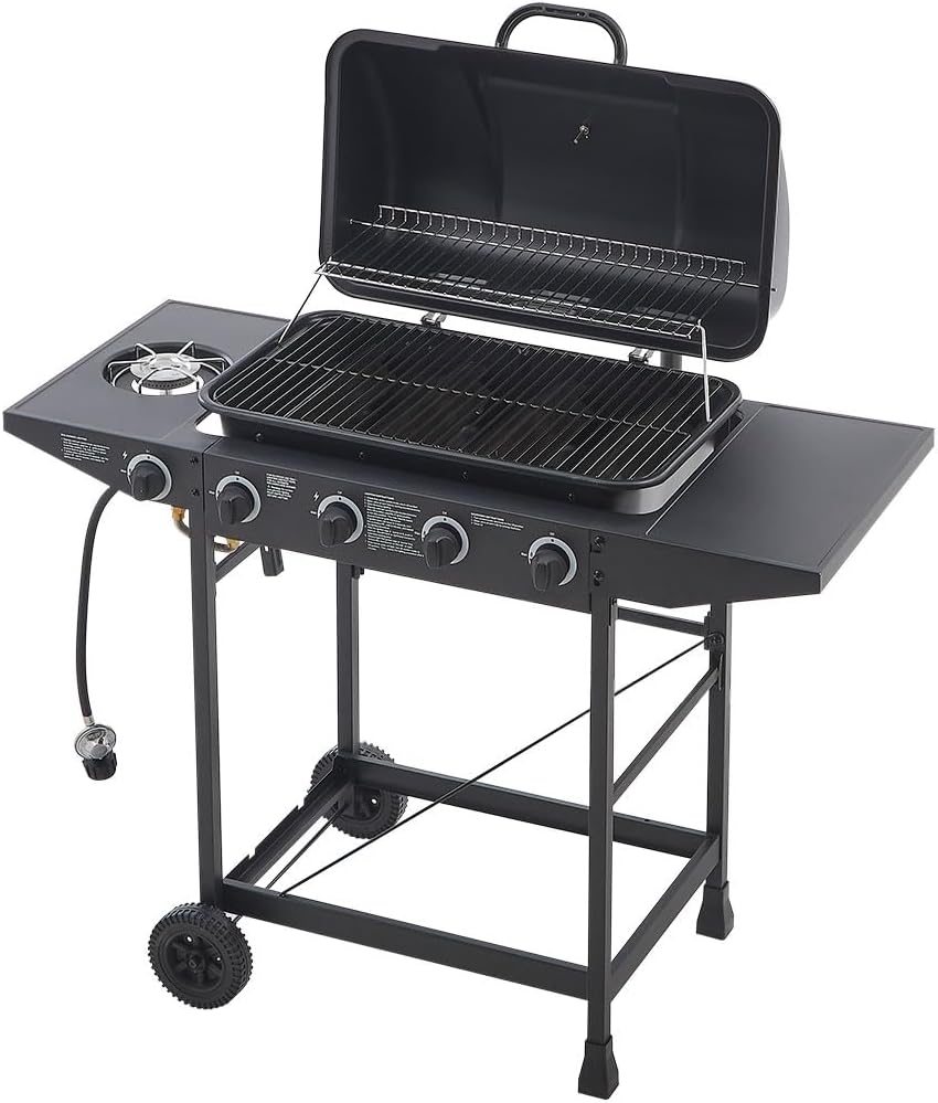 5-Burner Propane Gas BBQ Grill, Stainless Steel Barbecue Grill with Side Burner with Side Burner, Propane Griddle Grill Combo with Enamel-Coated Grates and Side Tables for Camping, Patio