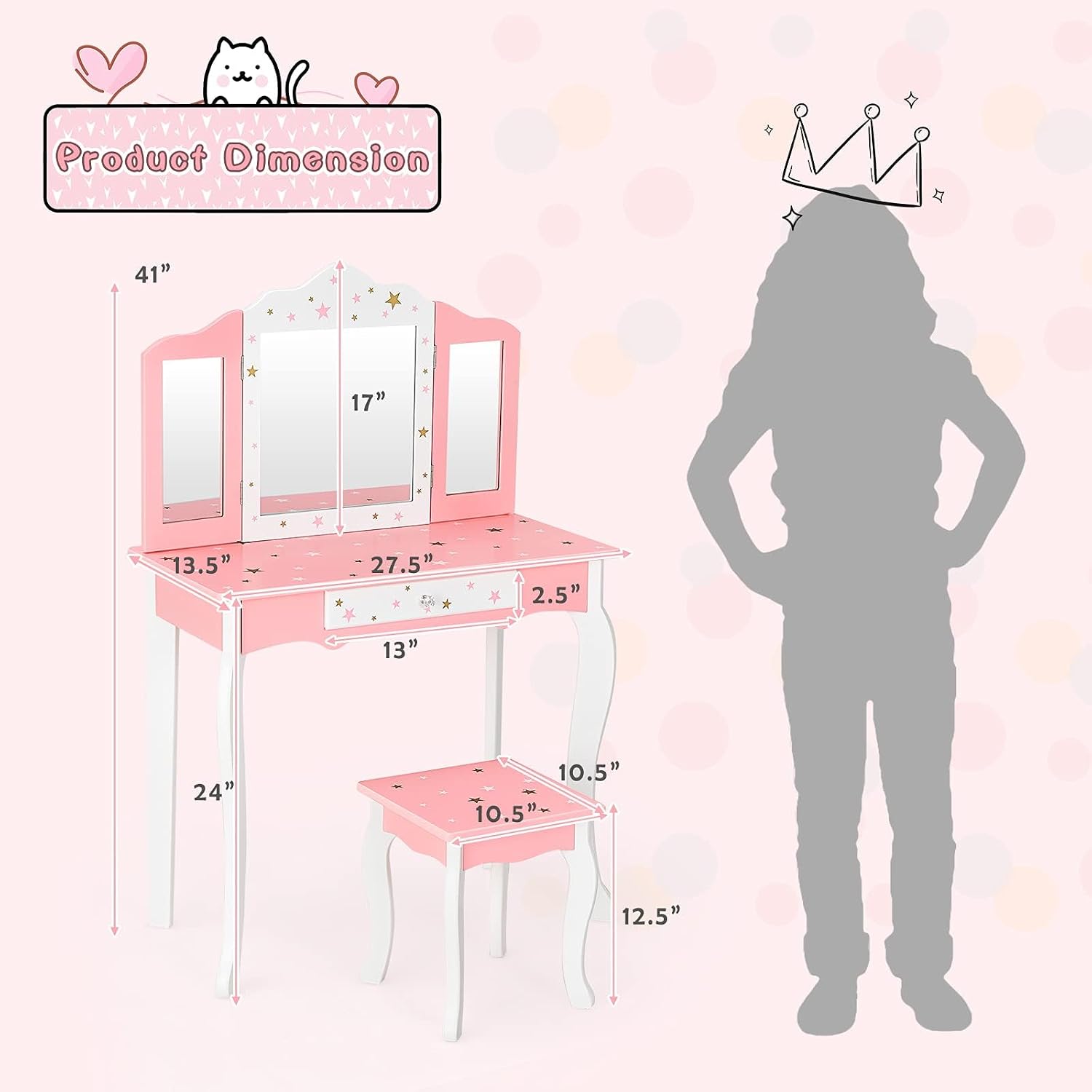 Costzon Kids Vanity & Jewelry Armoire Cabinet, Kids Makeup Vanity Table and Chair Set, Standing Jewelry Organizer with Full-Length Mirror, Kids Bedroom Furniture Set for Girls (Pink)