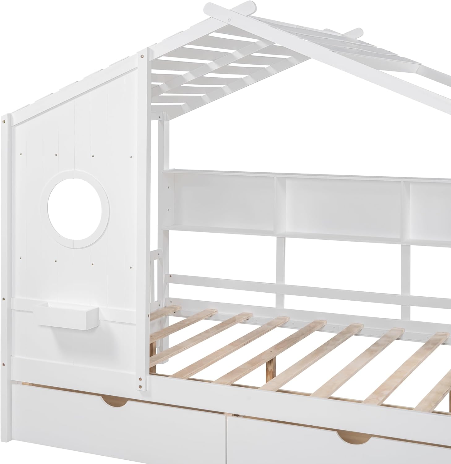 VilroCaz Full Size House Bed with 2 Drawers and Storage Shelf, Playhouse Design Solid Wood Kids Platform Bed Frame for Girls Boys, Decorable Daybed with Sturdy Slats Support, Space-Saving (AF-White)